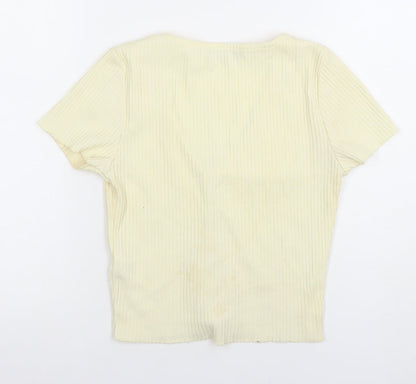 Bershka Women’s Beige Cropped Ribbed Button-Up Top Size 12