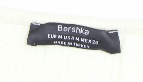 Bershka Women’s Beige Cropped Ribbed Button-Up Top Size 12