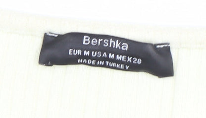 Bershka Women’s Beige Cropped Ribbed Button-Up Top Size 12