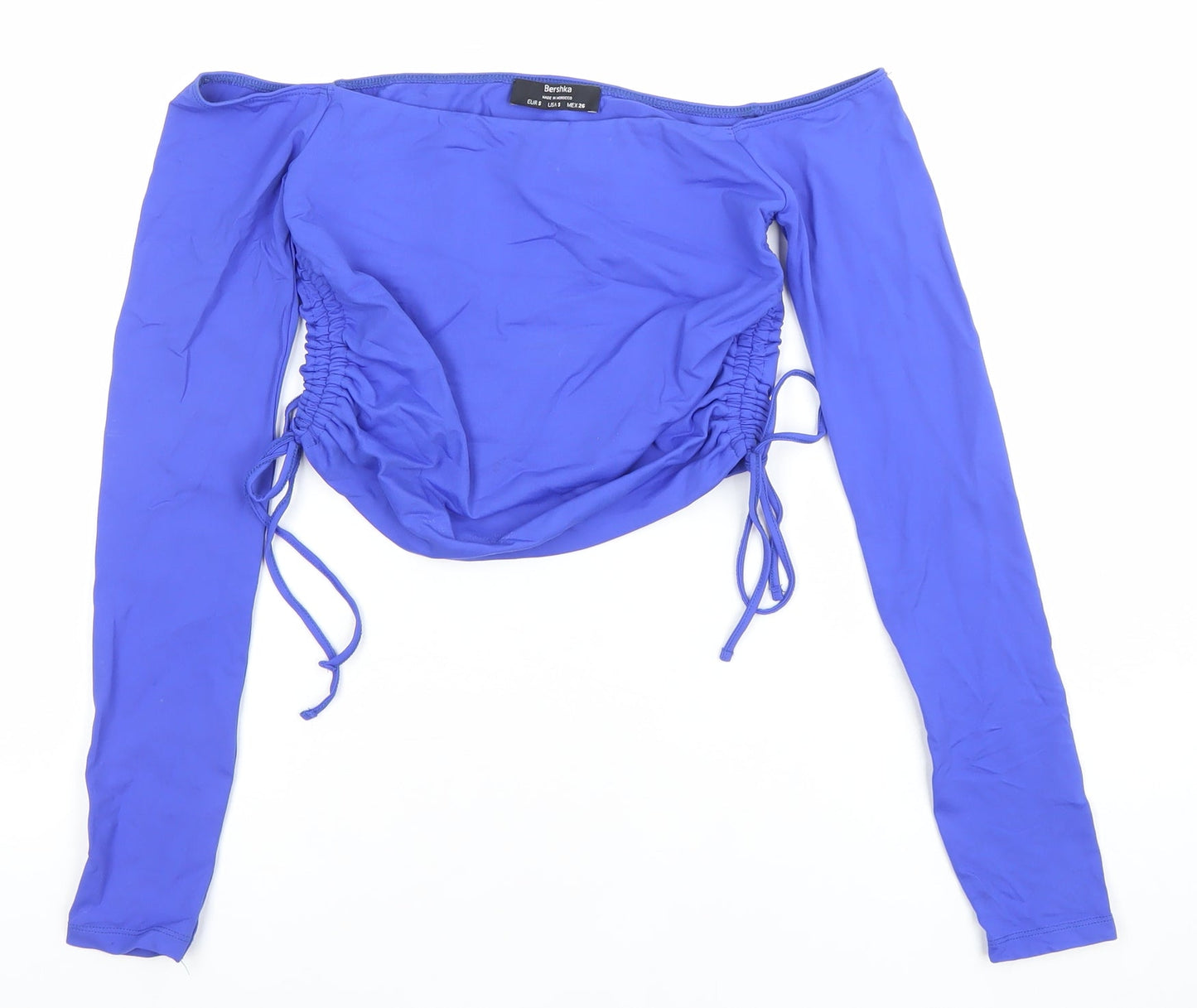 Bershka Women's Blue Off Shoulder Long Sleeve Ruched Top Size S