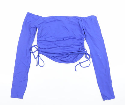 Bershka Women's Blue Off Shoulder Long Sleeve Ruched Top Size S