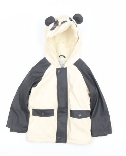 George Girls Beige Black Panda Hooded Rain Coat 2-3 Years Lined Waterproof Jacket