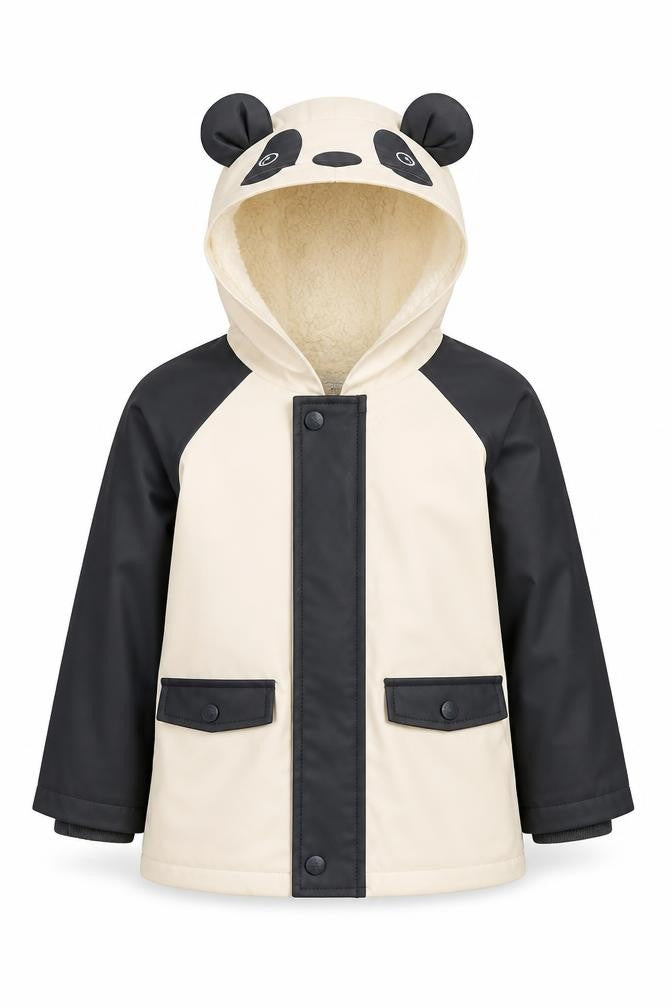 George Girls Beige Black Panda Hooded Rain Coat 2-3 Years Lined Waterproof Jacket