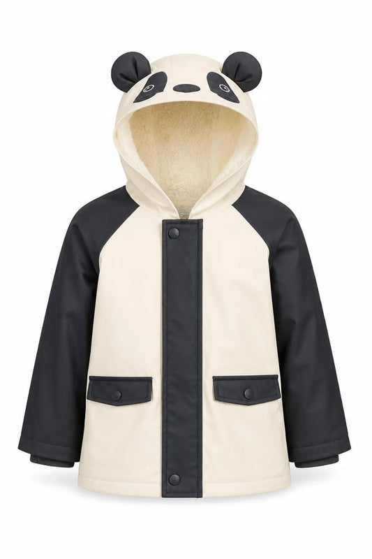 George Girls Beige Black Panda Hooded Rain Coat 2-3 Years Lined Waterproof Jacket