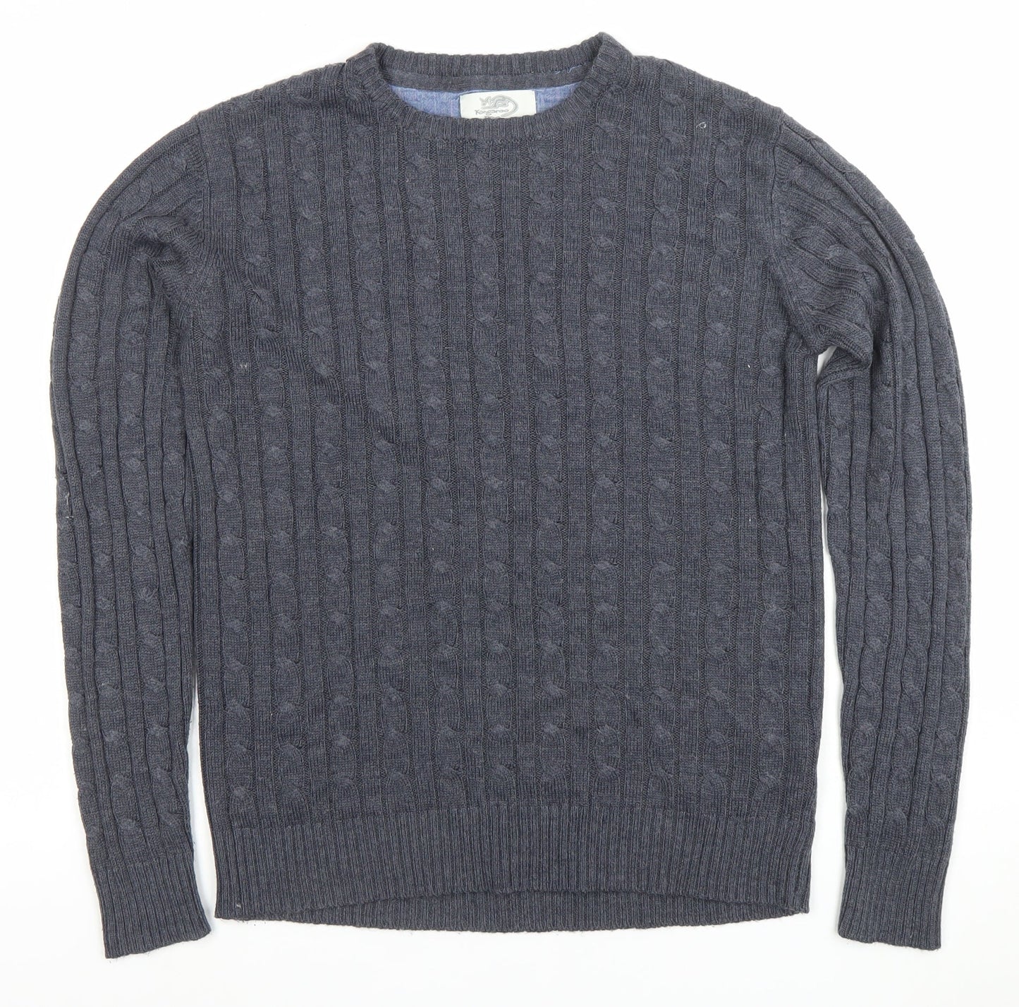 Kangaroo Poo Men’s Grey Cable Knit Crew Neck Acrylic Jumper Size M