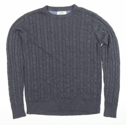 Kangaroo Poo Men’s Grey Cable Knit Crew Neck Acrylic Jumper Size M