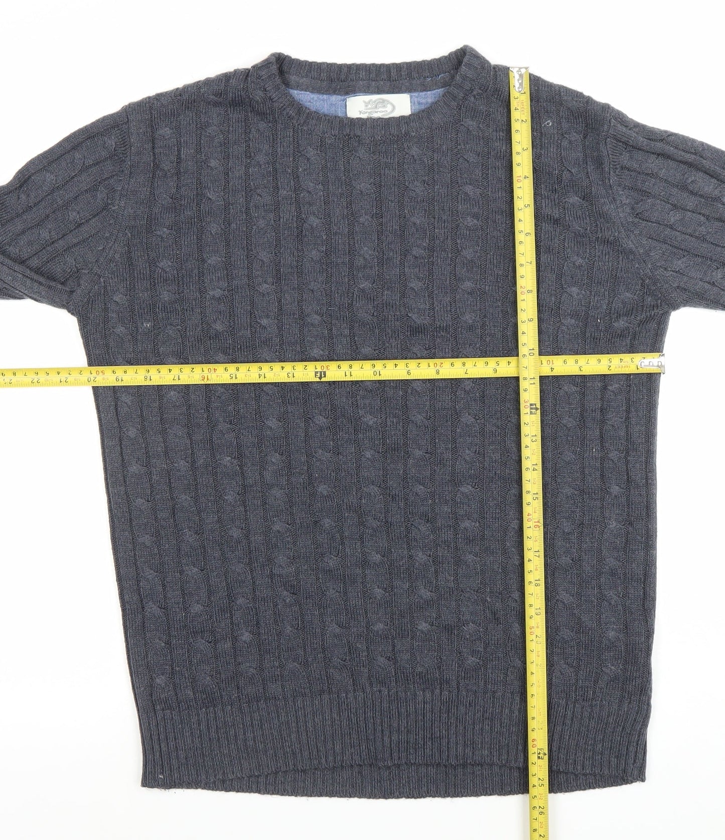 Kangaroo Poo Men’s Grey Cable Knit Crew Neck Acrylic Jumper Size M