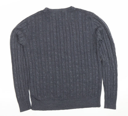 Kangaroo Poo Men’s Grey Cable Knit Crew Neck Acrylic Jumper Size M