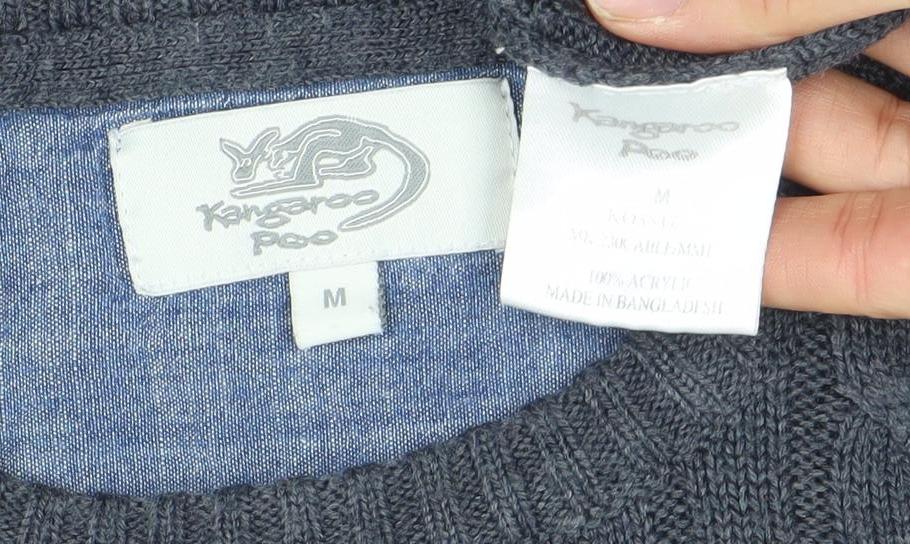 Kangaroo Poo Men’s Grey Cable Knit Crew Neck Acrylic Jumper Size M