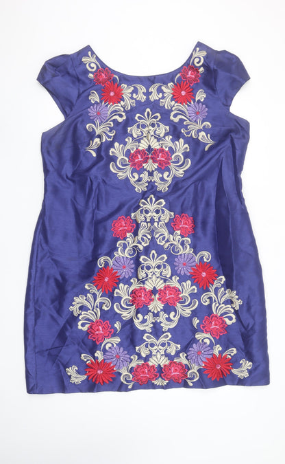 Monsoon Women Blue Floral Embroidered Shift Dress Size 22