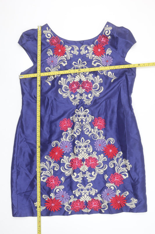 Monsoon Women Blue Floral Embroidered Shift Dress Size 22
