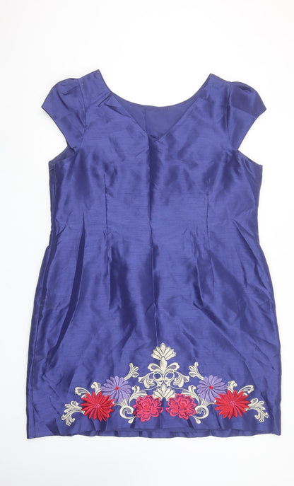 Monsoon Women Blue Floral Embroidered Shift Dress Size 22