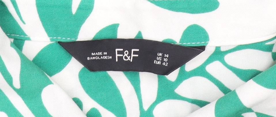 F&F Women Green Tropical Floral Cotton Button-Up Shirt UK 14