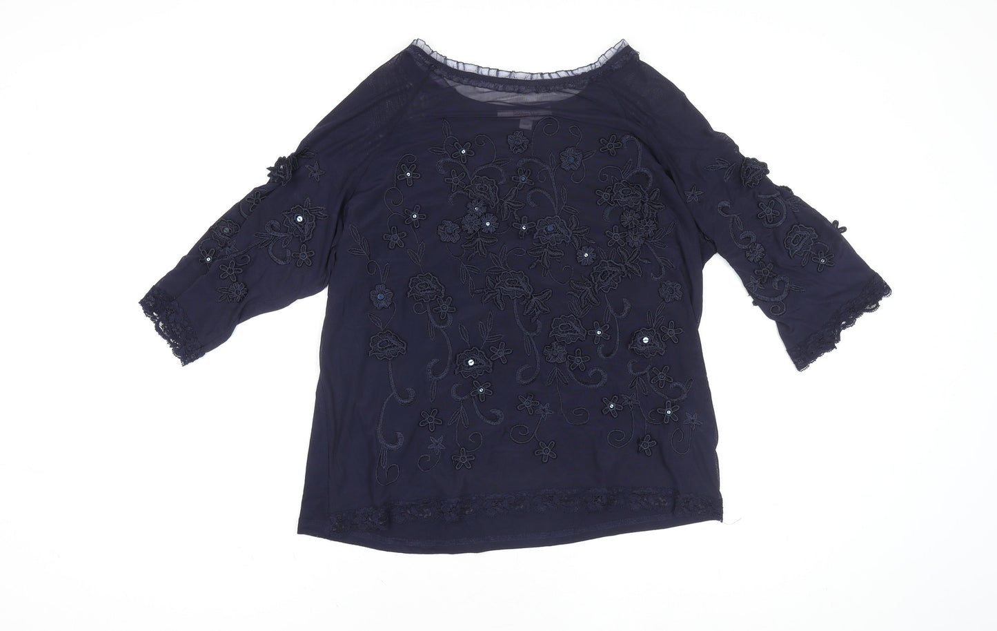Jacques Vert Women's Navy Blue Embroidered Lace Tunic Blouse Size L