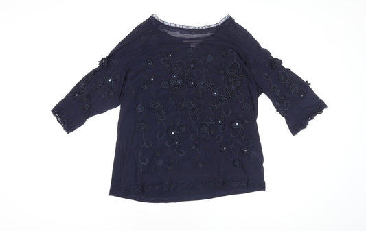 Jacques Vert Women's Navy Blue Embroidered Lace Tunic Blouse Size L