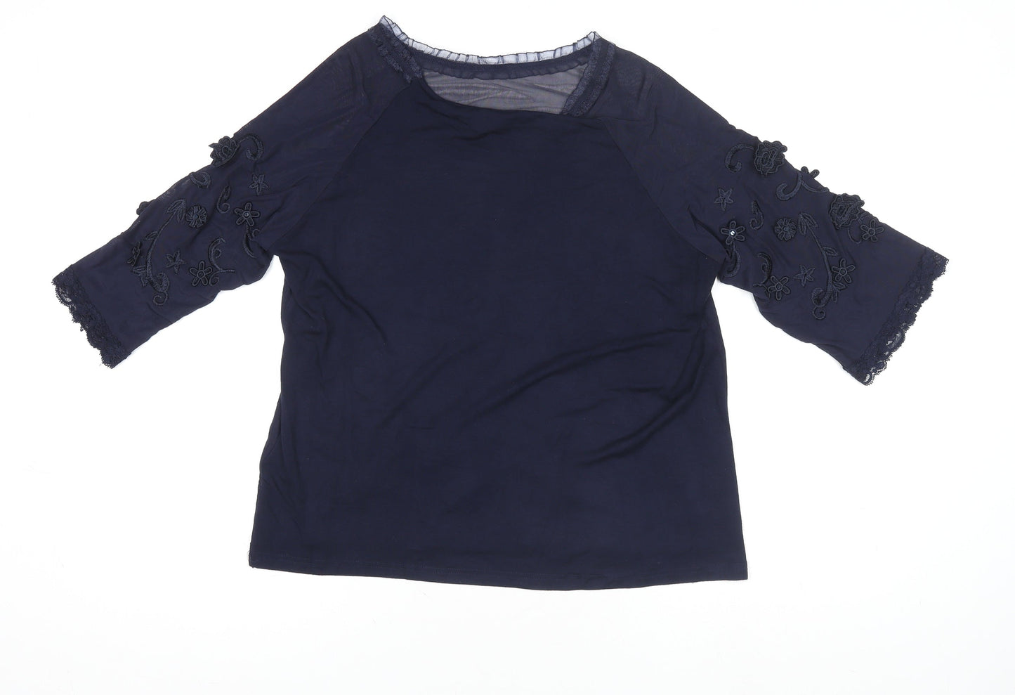 Jacques Vert Women's Navy Blue Embroidered Lace Tunic Blouse Size L
