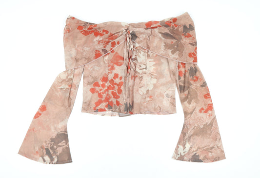 PrettyLittleThing Women's Beige Floral Off Shoulder Cropped Blouse UK 10