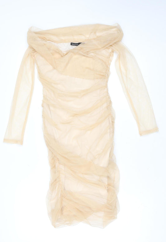 Boohoo Women Beige Mesh Ruched Off Shoulder Bodycon Dress Size 10