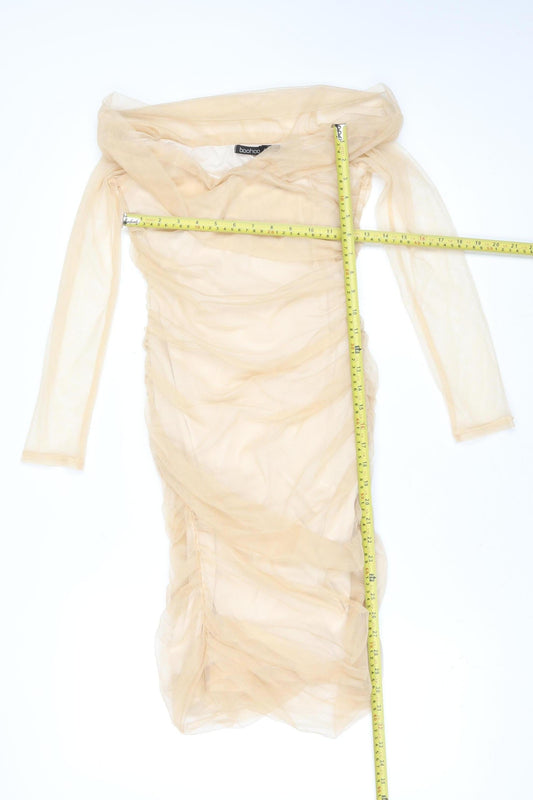 Boohoo Women Beige Mesh Ruched Off Shoulder Bodycon Dress Size 10