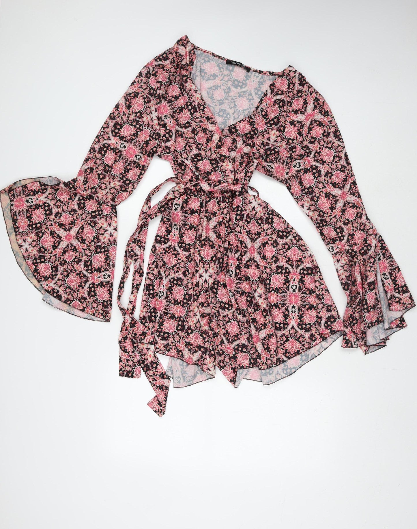 Boohoo Womens Pink Floral Wrap Dress Size 18 Long Sleeve V-Neck