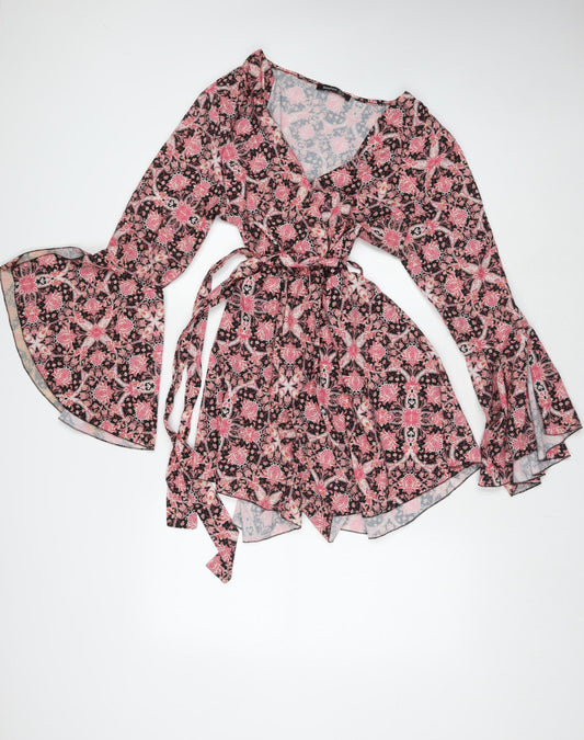 Boohoo Womens Pink Floral Wrap Dress Size 18 Long Sleeve V-Neck