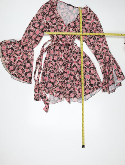 Boohoo Womens Pink Floral Wrap Dress Size 18 Long Sleeve V-Neck