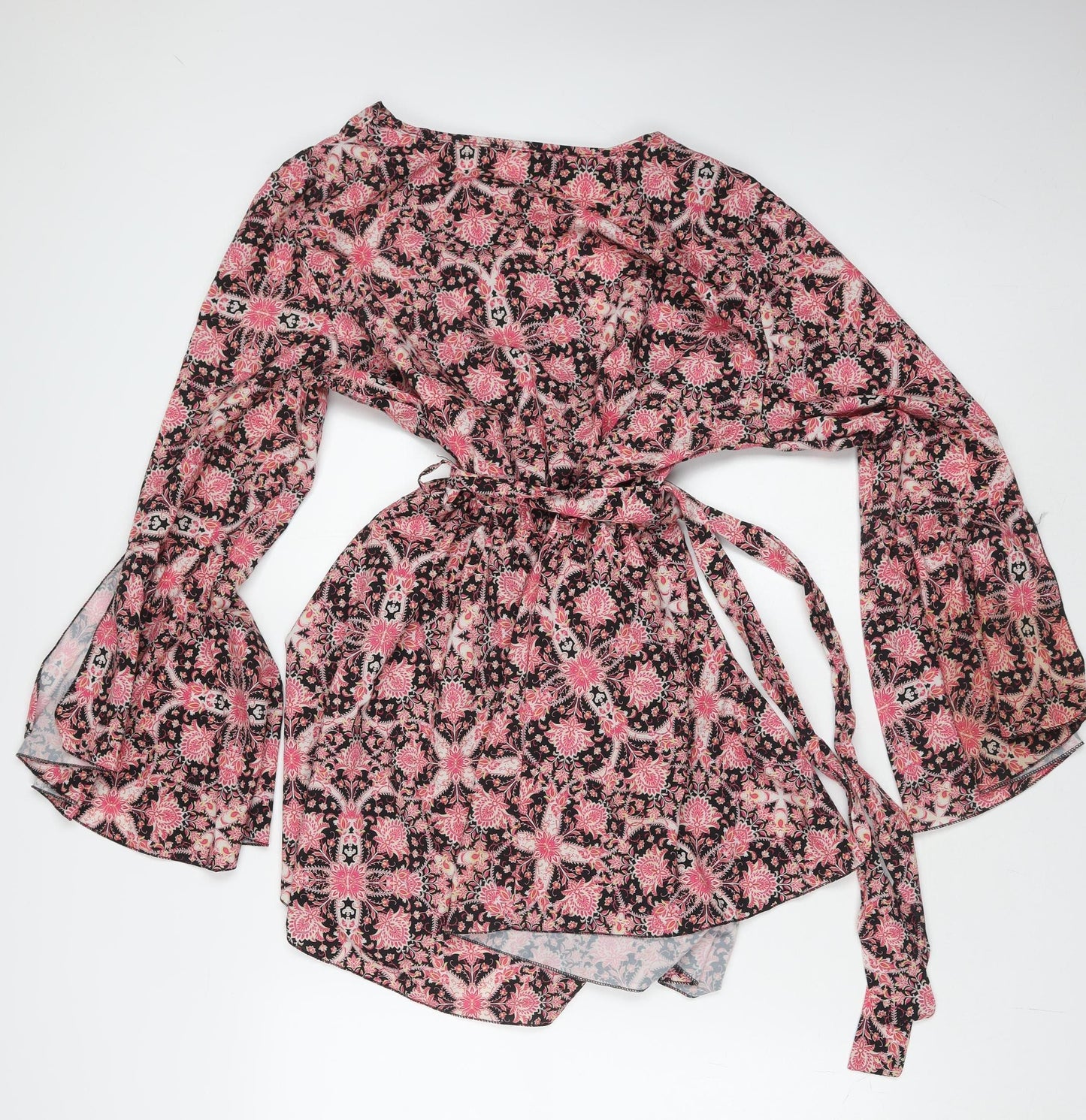 Boohoo Womens Pink Floral Wrap Dress Size 18 Long Sleeve V-Neck