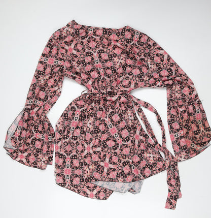 Boohoo Womens Pink Floral Wrap Dress Size 18 Long Sleeve V-Neck