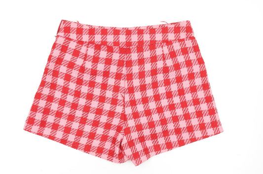 Primark Women Red Pink Check Chino Shorts Size 16 Bouclé Patterned