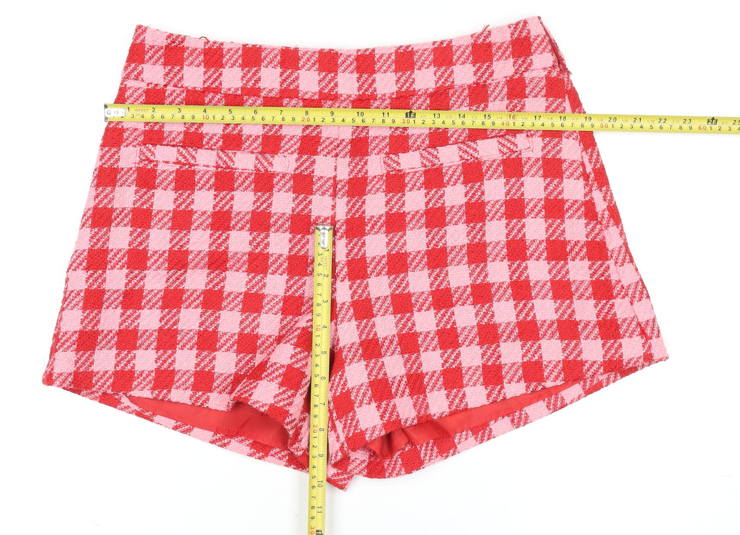 Primark Women Red Pink Check Chino Shorts Size 16 Bouclé Patterned