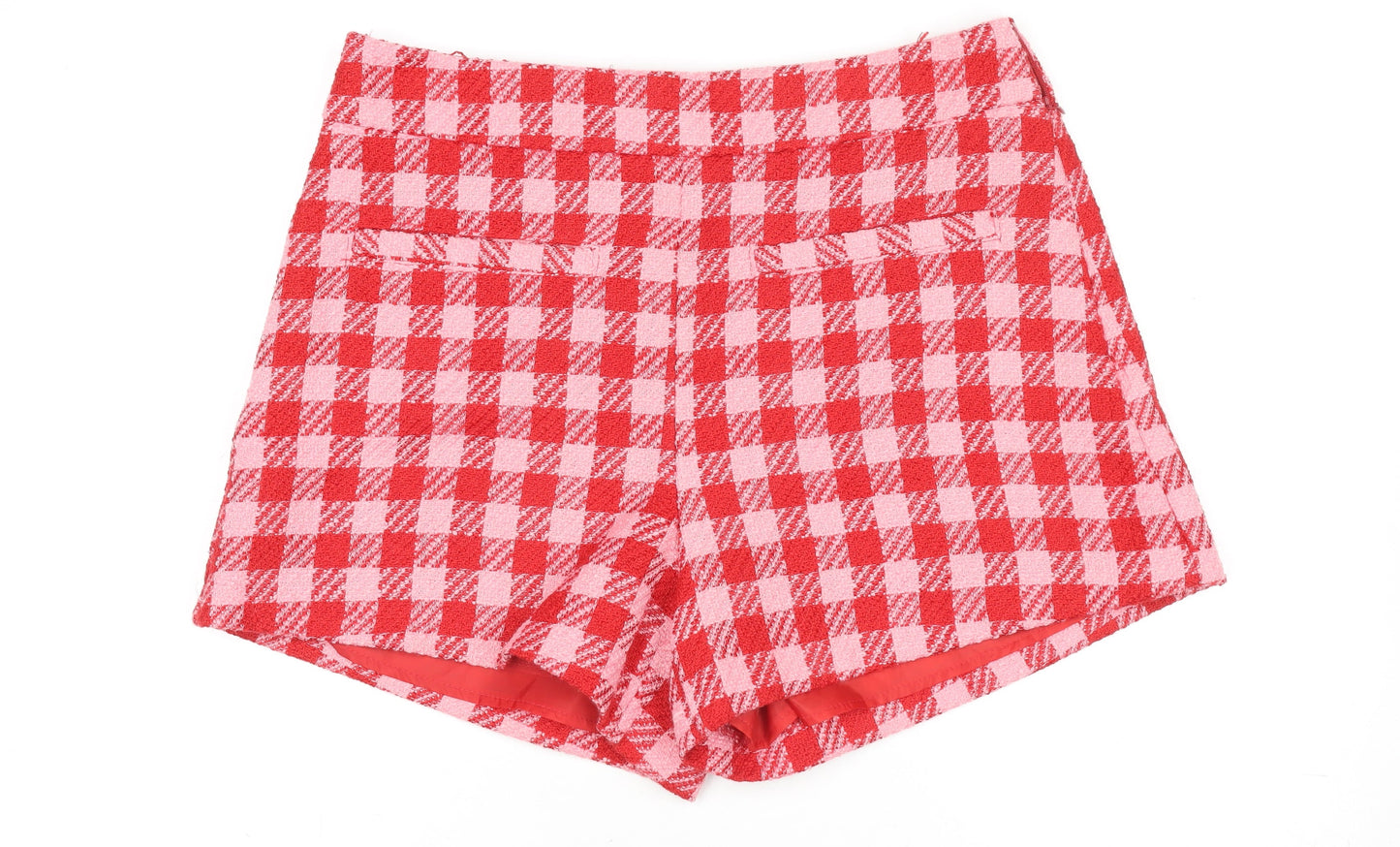 Primark Women Red Pink Check Chino Shorts Size 16 Bouclé Patterned