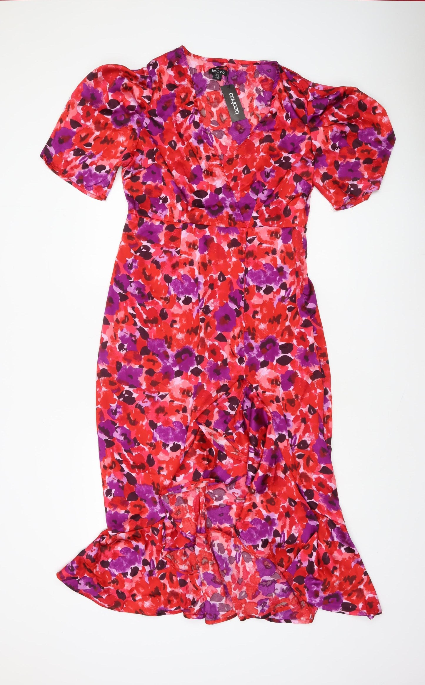Boohoo Women’s Red Purple Floral Midi Wrap Dress Size 14