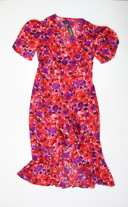Boohoo Women’s Red Purple Floral Midi Wrap Dress Size 14
