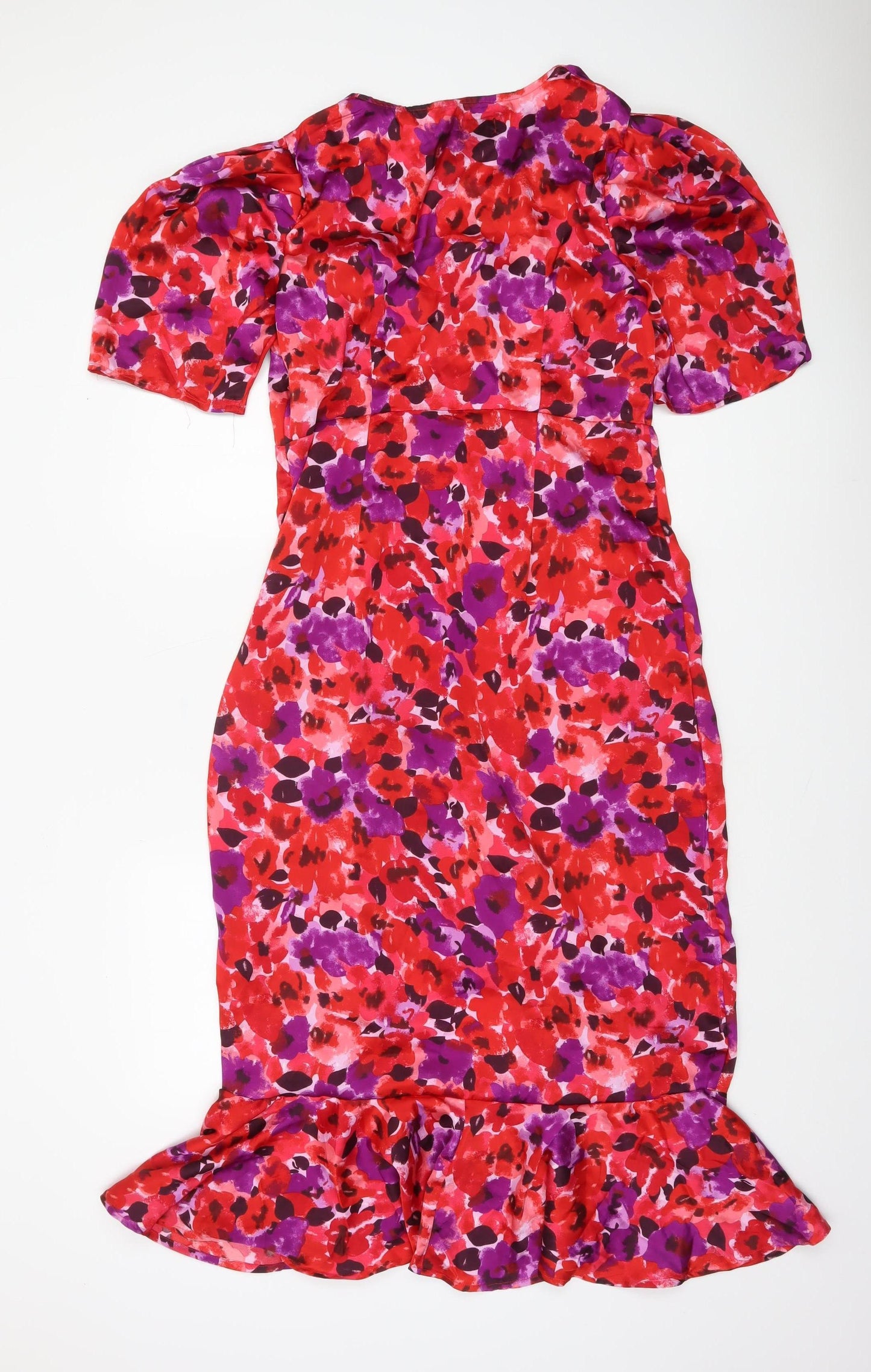 Boohoo Women’s Red Purple Floral Midi Wrap Dress Size 14