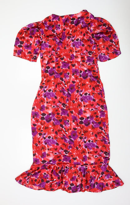 Boohoo Women’s Red Purple Floral Midi Wrap Dress Size 14
