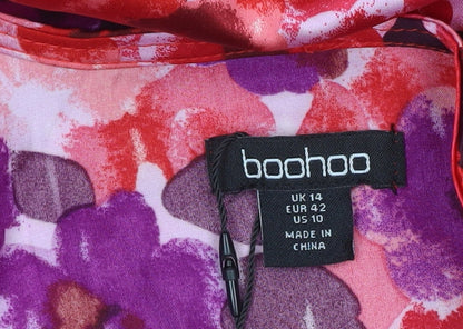 Boohoo Women’s Red Purple Floral Midi Wrap Dress Size 14