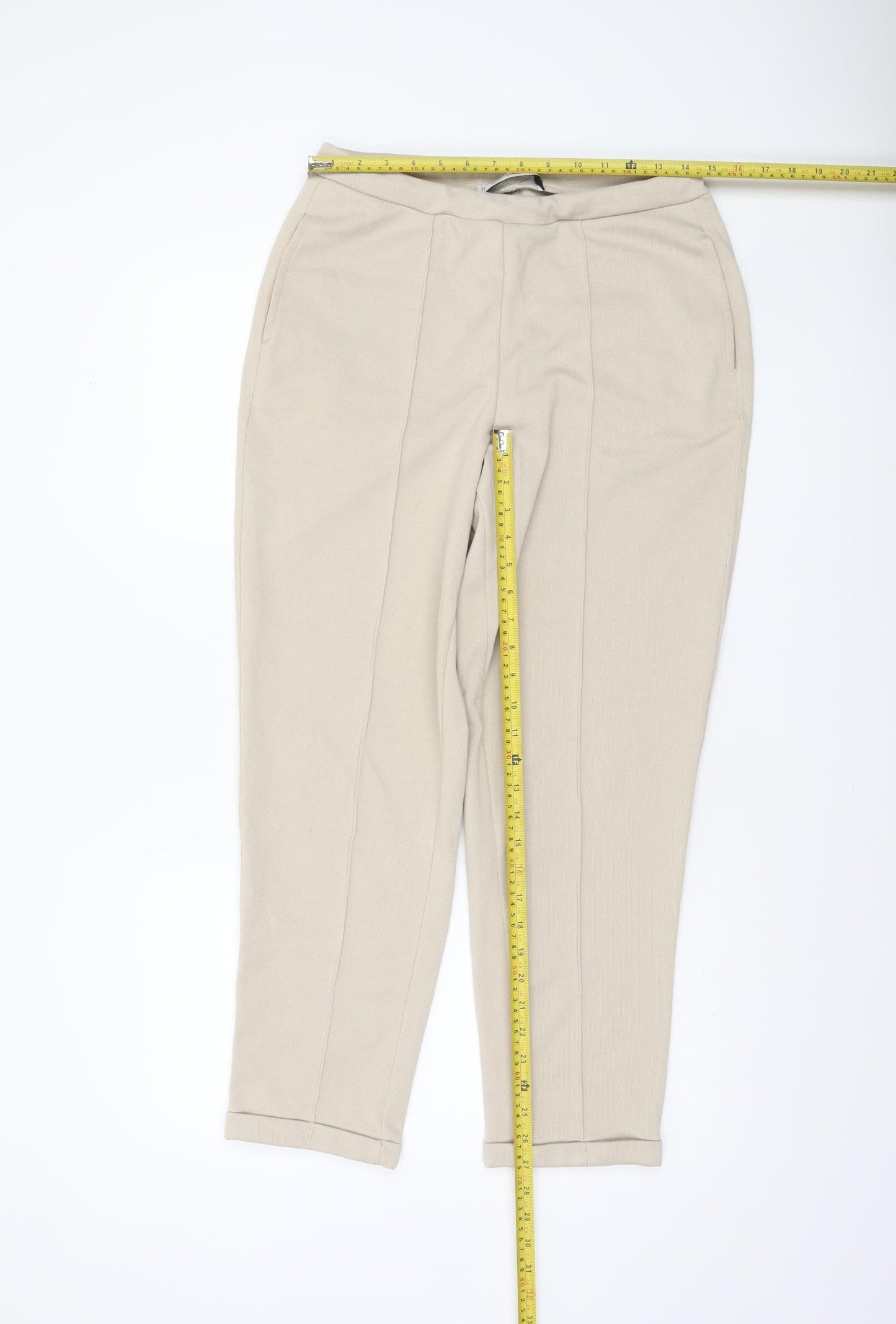 MNG Women's Beige Tapered Knit Trousers Size M Comfortable Workwear Pants
