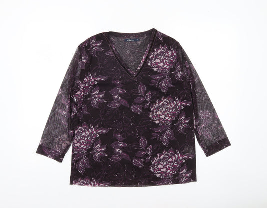 Dash Women's Purple Floral V-Neck Long Sleeve Mesh Top Size 14