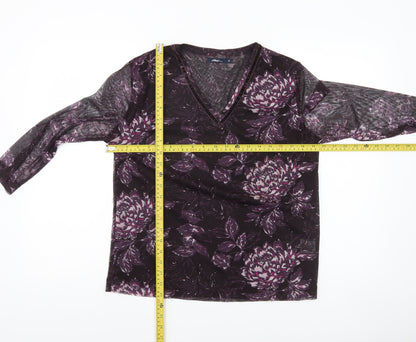 Dash Women's Purple Floral V-Neck Long Sleeve Mesh Top Size 14
