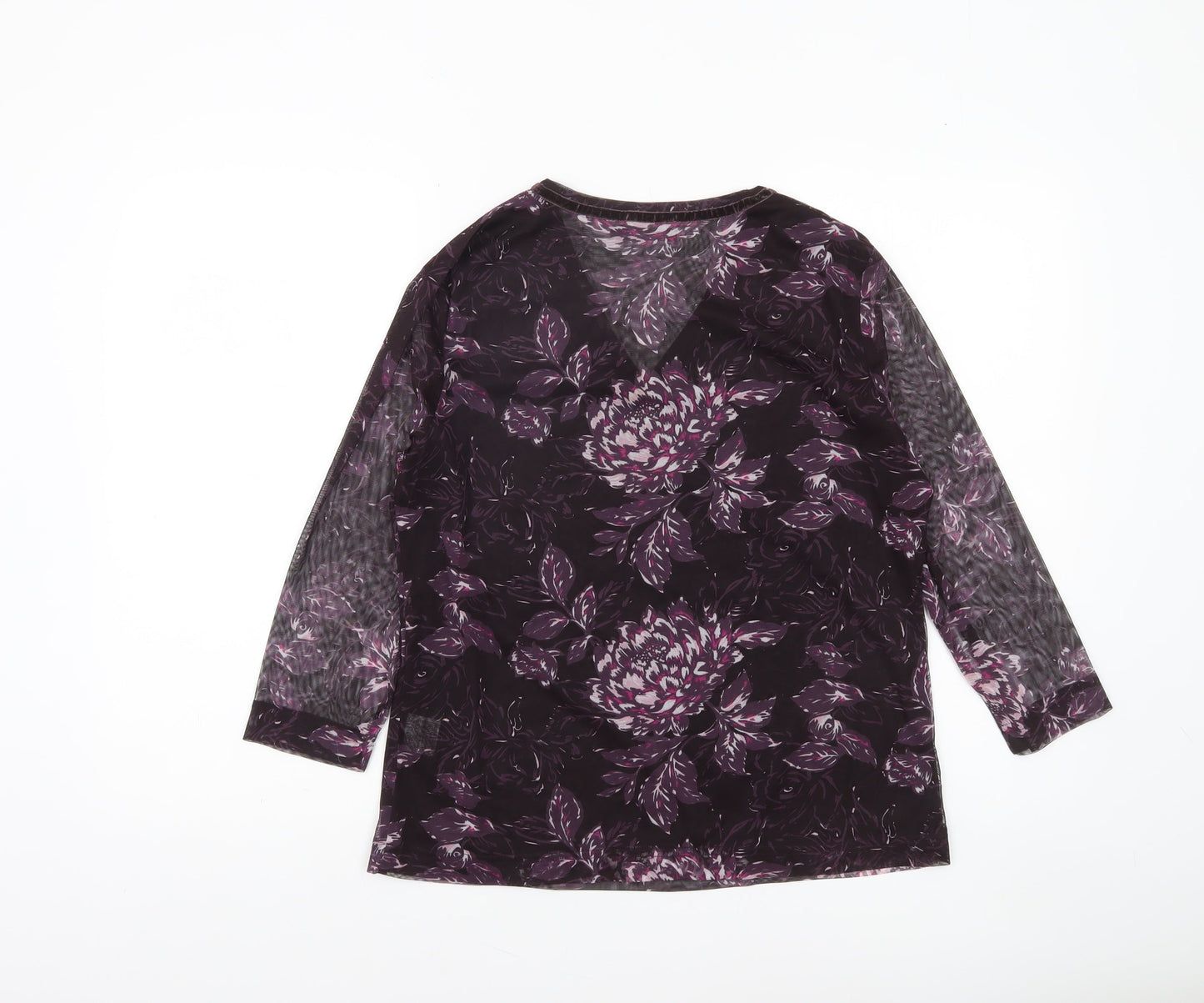 Dash Women's Purple Floral V-Neck Long Sleeve Mesh Top Size 14