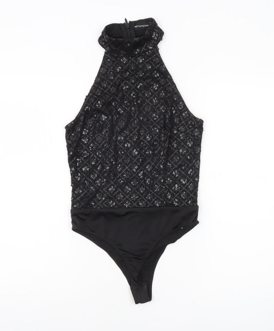 PrettyLittleThing Womens Black Sequin Halter Bodysuit UK 8