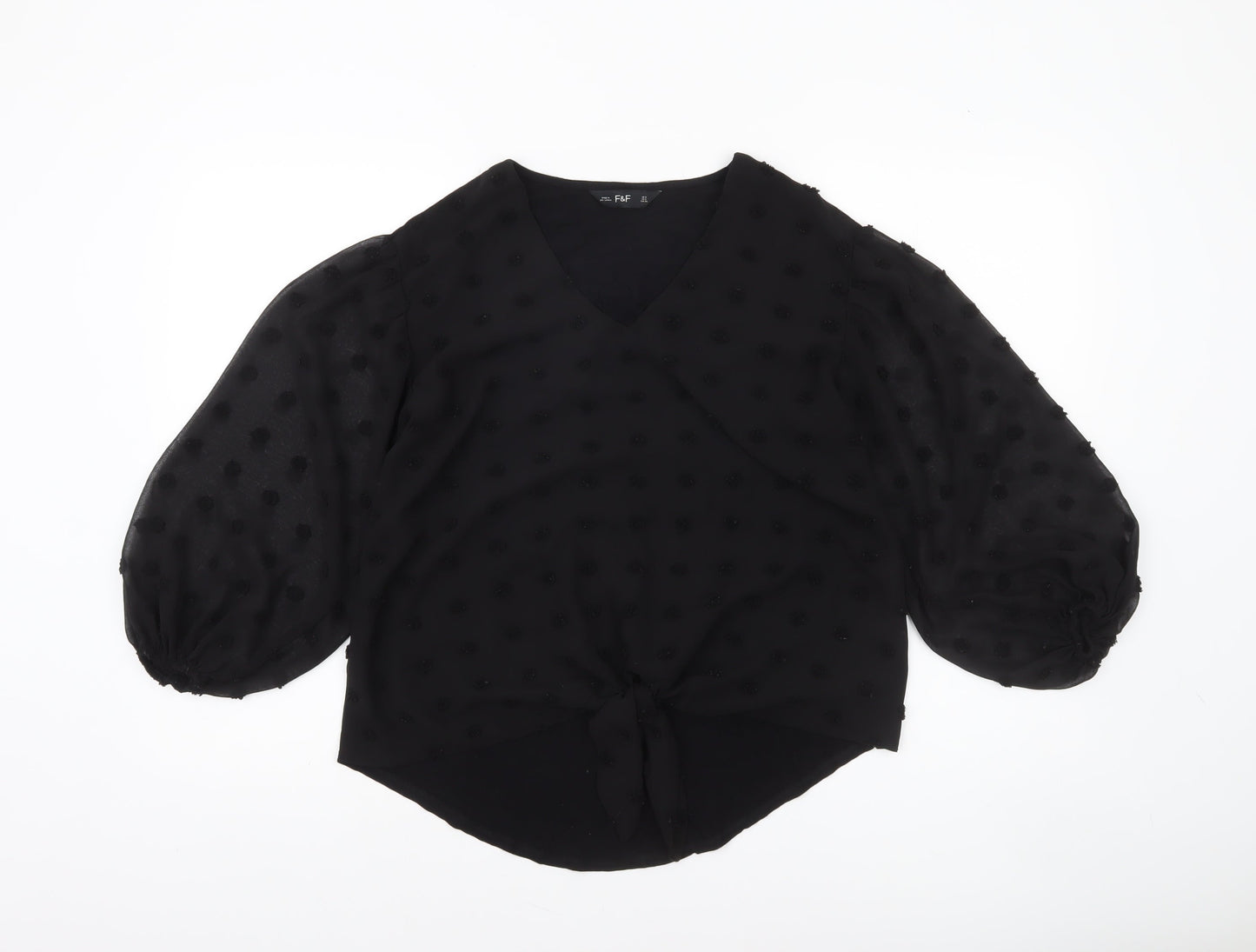 F&F Women’s Black Sheer Polka Dot Tie Front Tunic Blouse Size 8