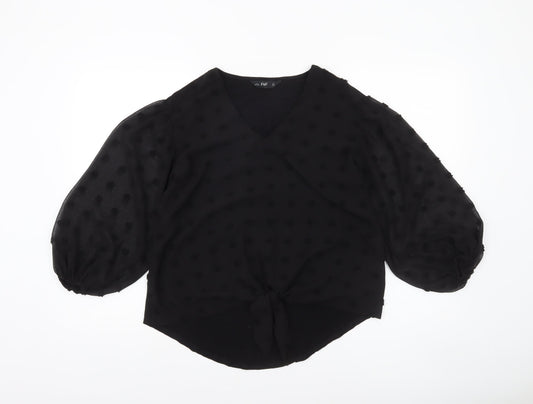 F&F Women’s Black Sheer Polka Dot Tie Front Tunic Blouse Size 8