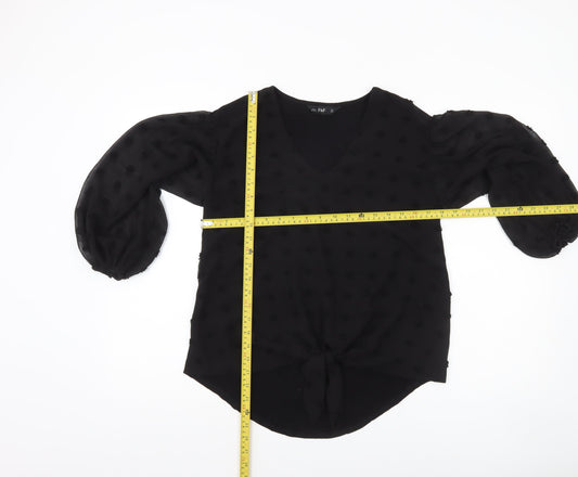 F&F Women’s Black Sheer Polka Dot Tie Front Tunic Blouse Size 8