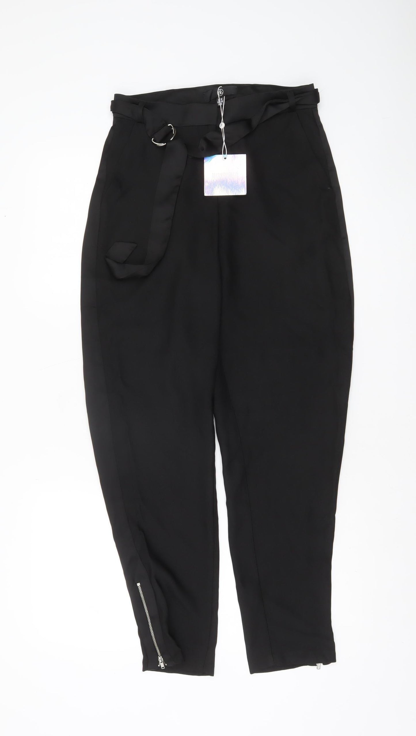 Missguided Women’s Black High Rise Belted Ankle Zip Tapered Trousers UK 10