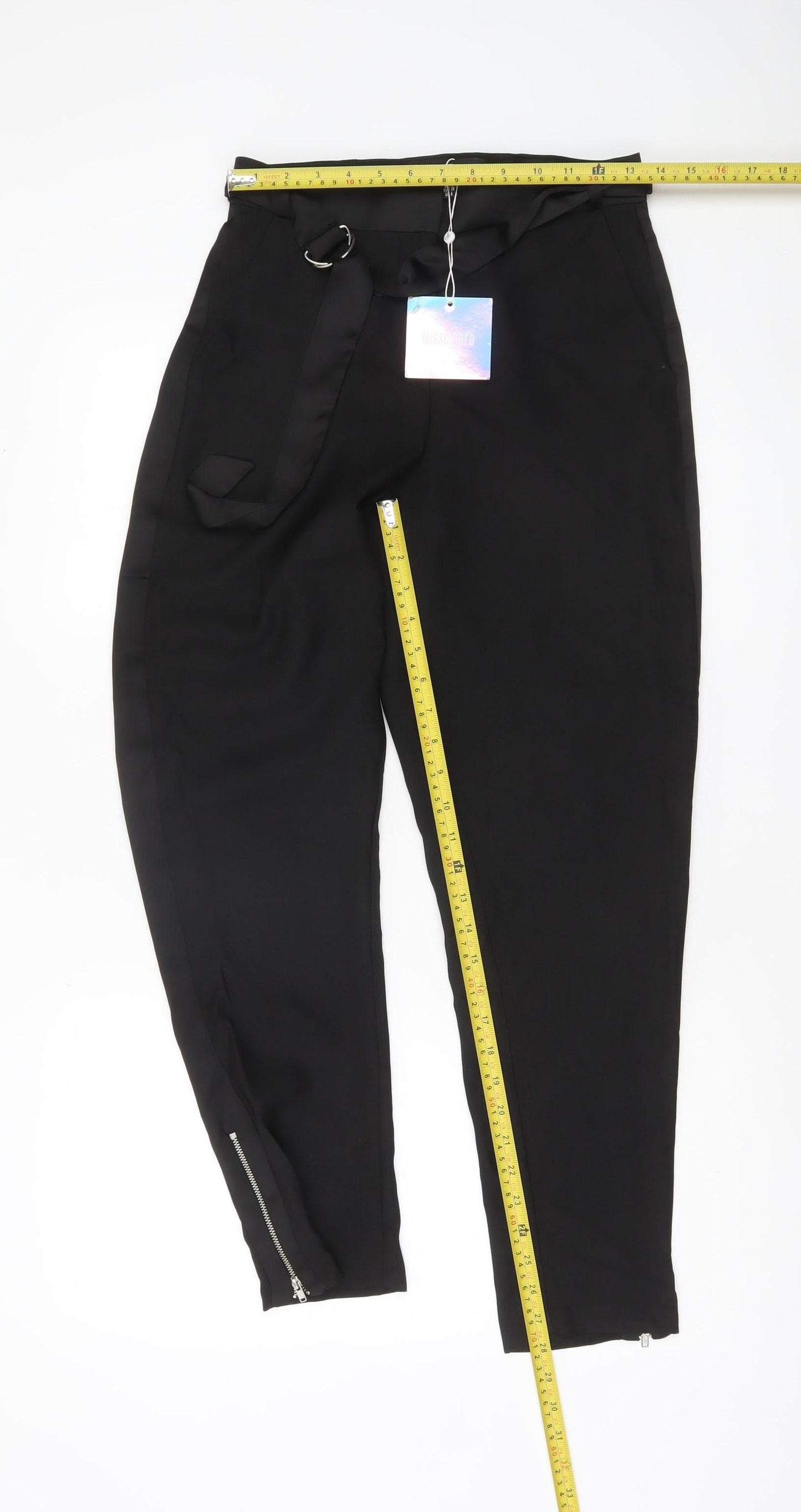 Missguided Women’s Black High Rise Belted Ankle Zip Tapered Trousers UK 10