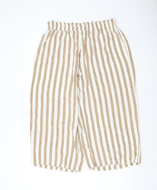 ONLY Women’s Beige Striped Cropped Wide-Leg Cotton Linen Trousers Size 14