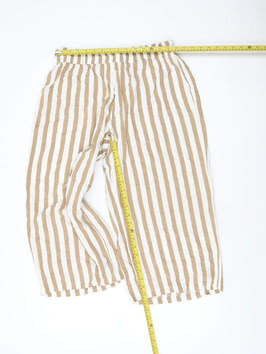 ONLY Women’s Beige Striped Cropped Wide-Leg Cotton Linen Trousers Size 14