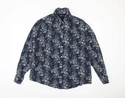 EASY Men's Blue Floral Long Sleeve Button-Up Shirt XL