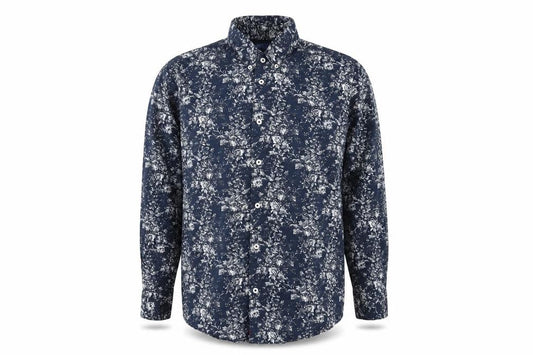 Front view of Easy Men's Blue Floral Long Sleeve Button-Up Shirt XL